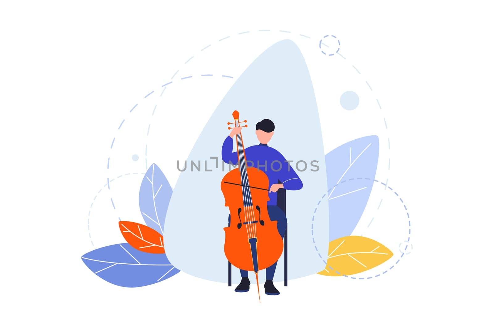 Creative profession, hobby, musician concept. Man, boy musician with contrabass playing in orchestra. Concert with musical instrument. Art image of creative occupation, lifestyle, hobby. Flat vector