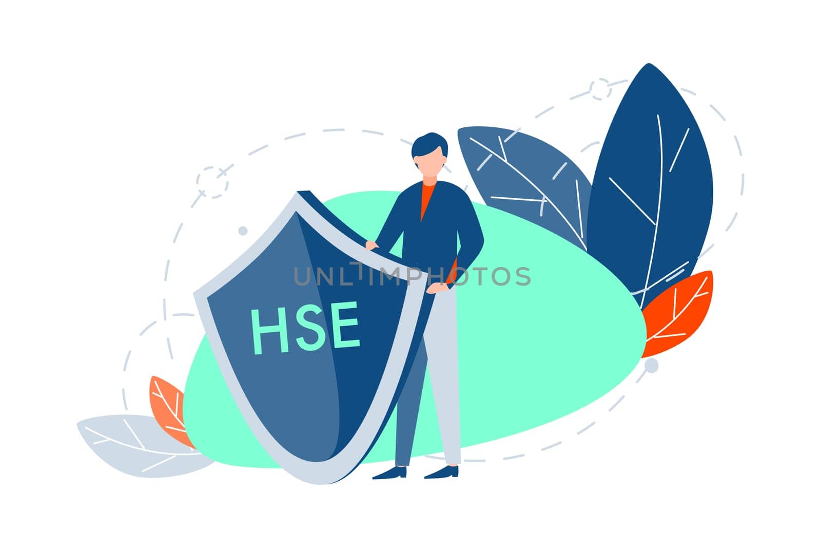 Health insurance, safety environment, protection, care concept. Young man or boy is holding big shield with hse acronym. Ecological problem. Health care and enviromental protection symbol. Flat vector