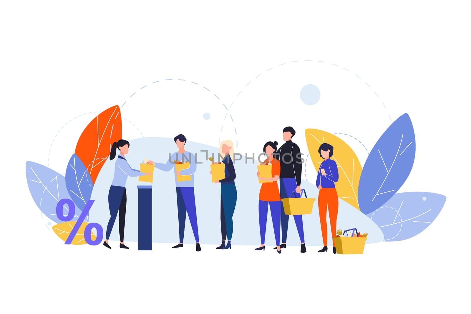 Shopping, queque, checkout, purchasing, sale concept. People customers queue at cash register in food store. Cashiers checkout. Shops sales, discounts for goods. Men, women with purchases in handbags.