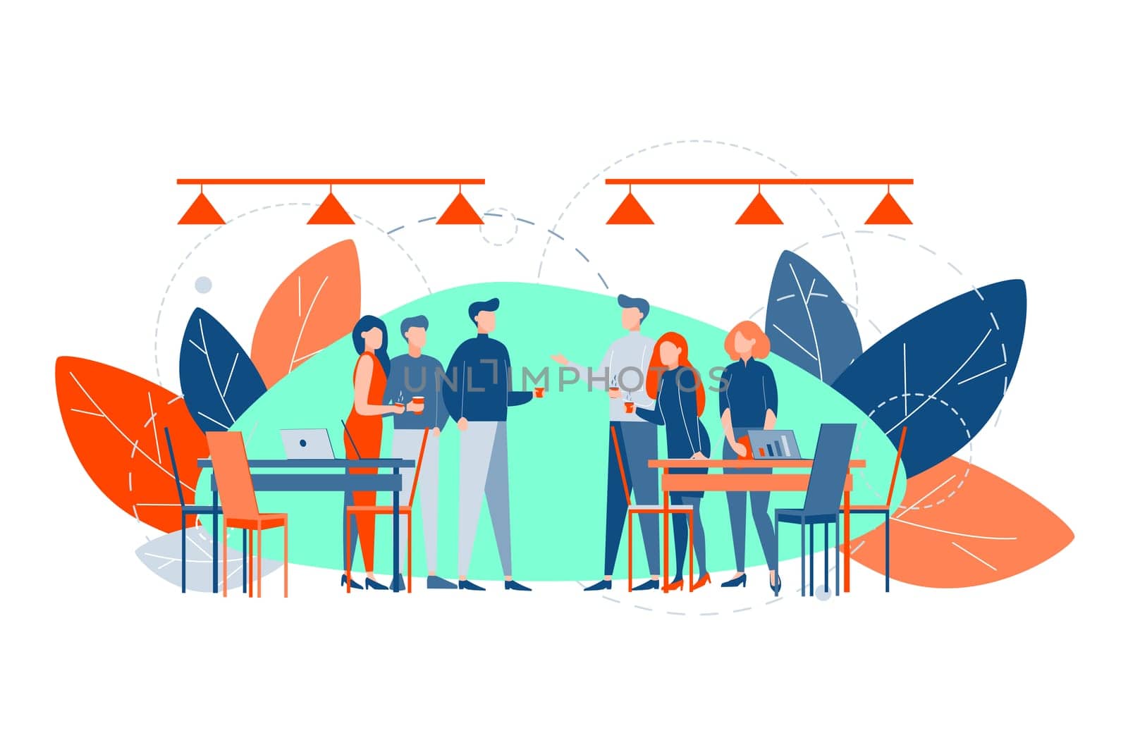 Business meeting, break, corporate party, teamwork, communication concept. Team of businesspeople coworker business men women together. Corporate coffee break at office. Business meeting communication