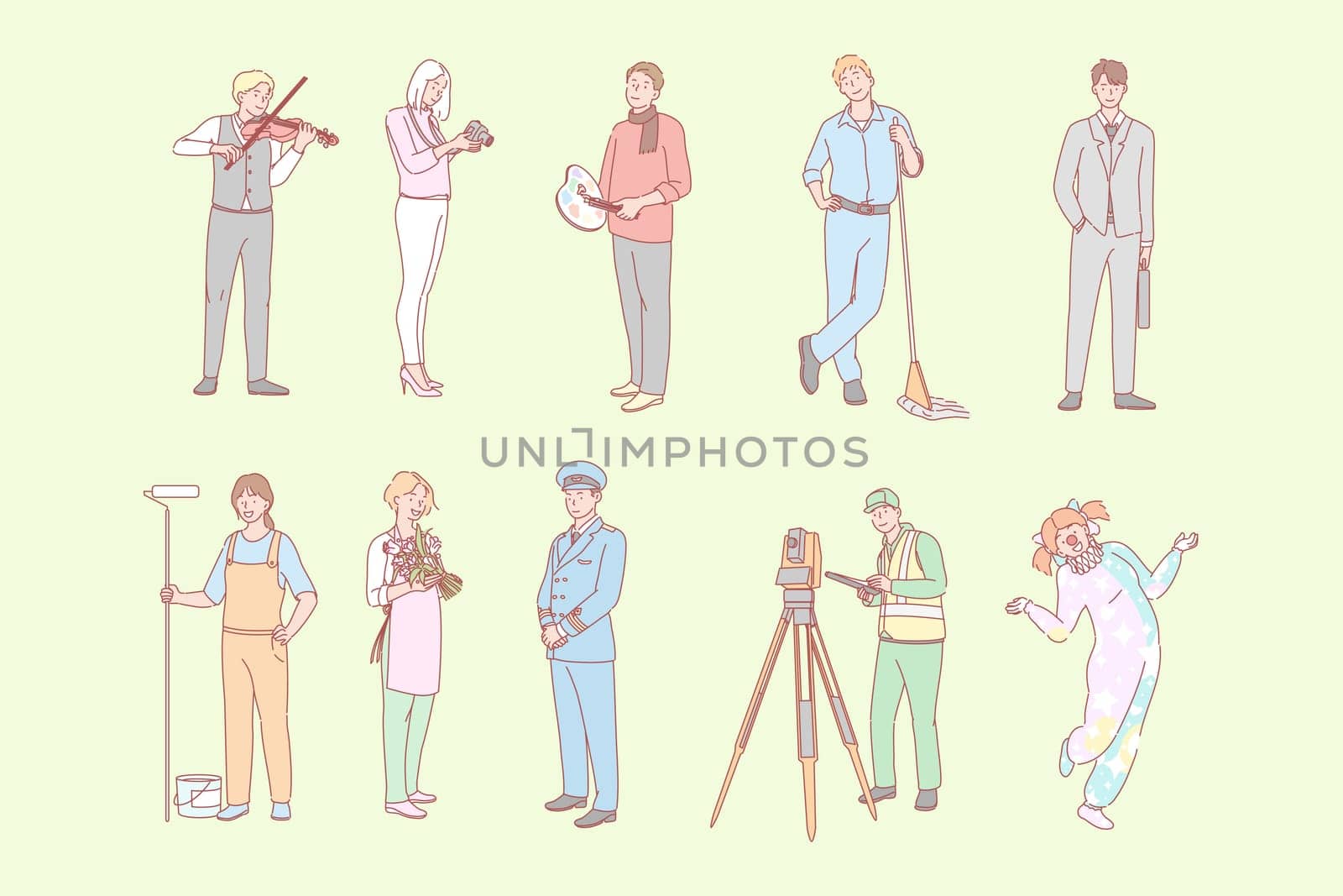 Various lines of work, labor day set concept. Men and women workers at different job or profession. Collection of florist, cleaner, engineer, musician, clown, artist, photographer, businessman, pilot