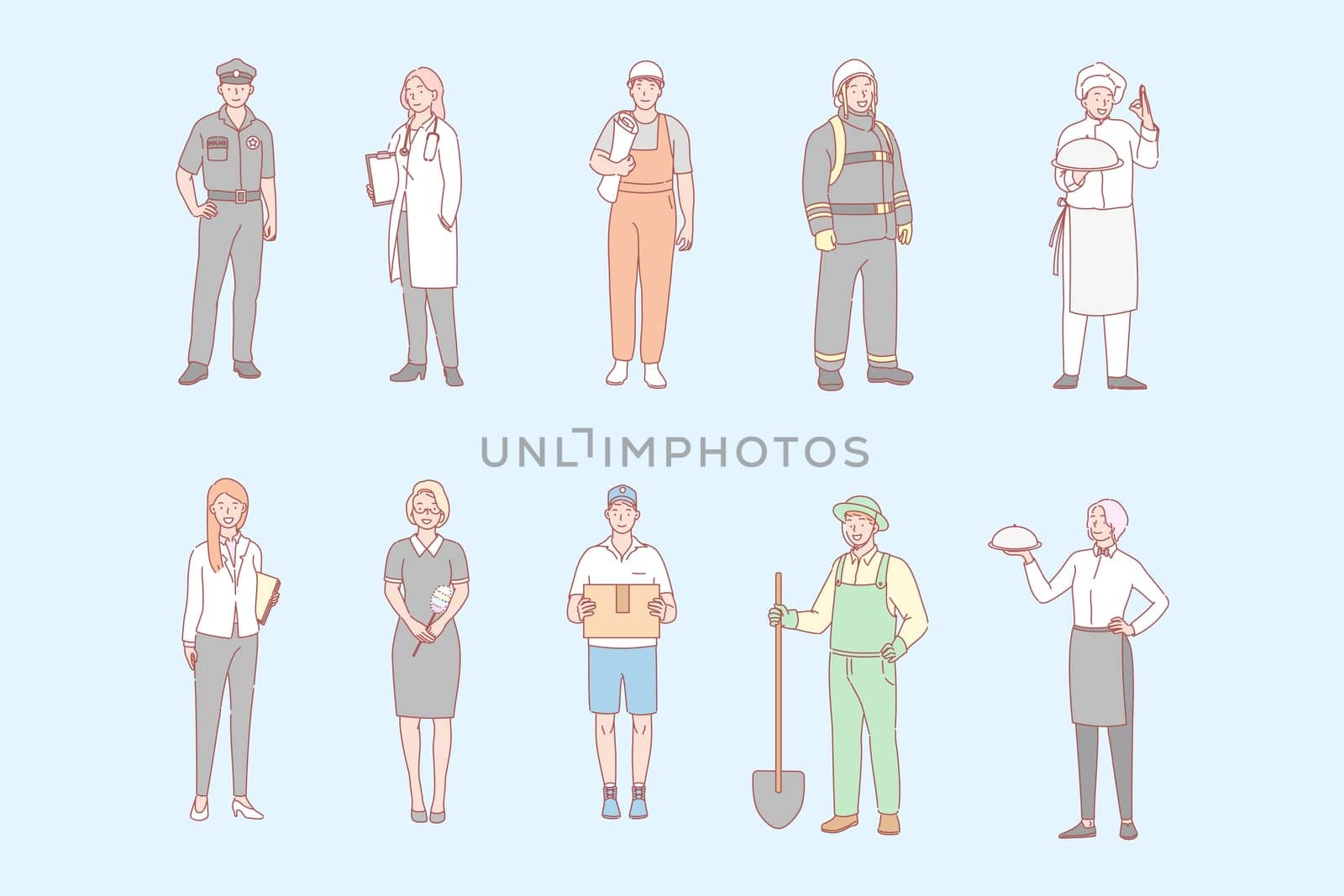 Man and womans proffesions, jobs set concept. Men women, boys girls have different occupation. Collection of policeman, cooker, gardener, waiter, doctor, builder, firefighter, maid, postman Labor day