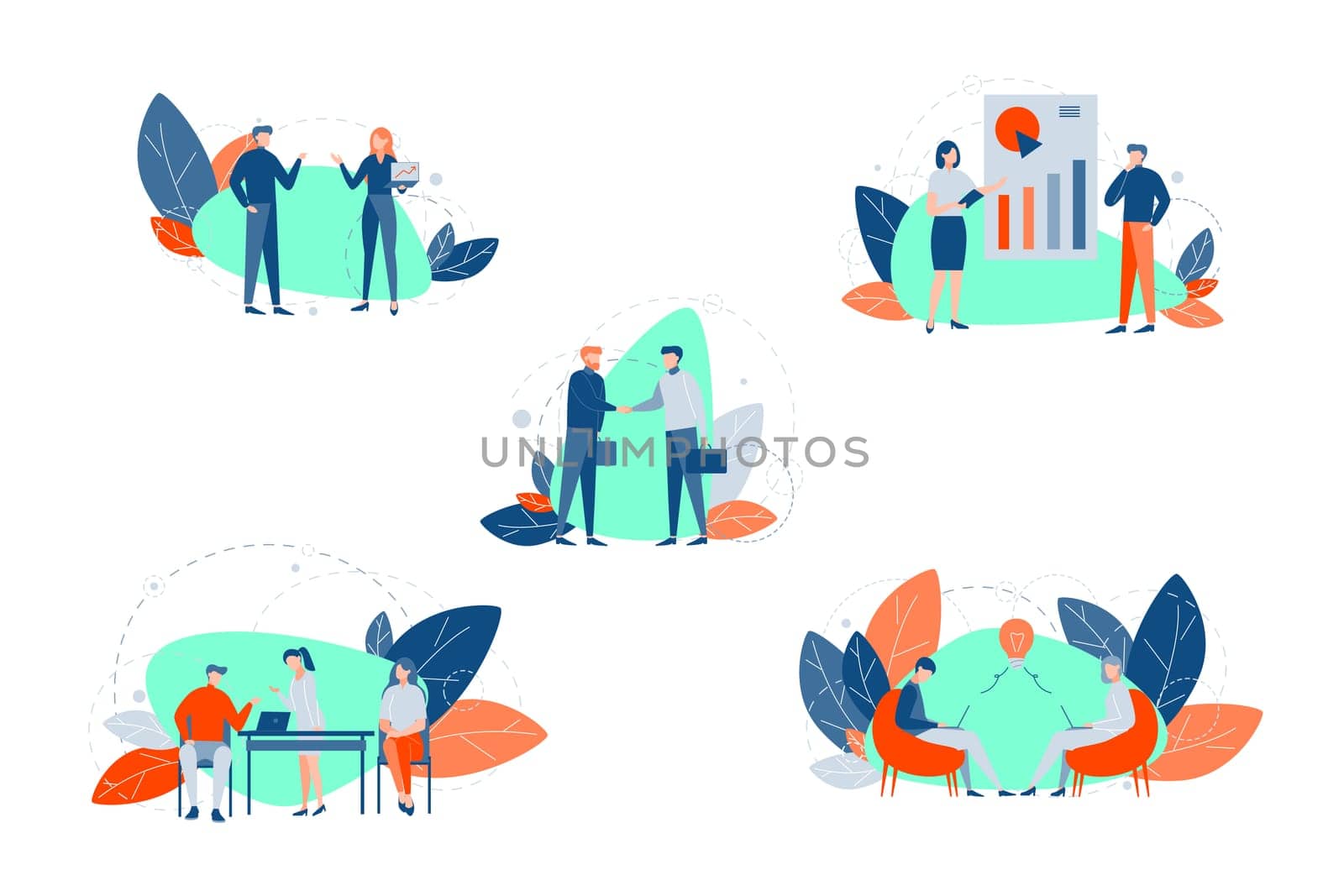 Teamwork, communication, coworking set concept. Collection of businesspeople men women working together in office. Process of coworking and brainstorming through communication. Business relationships