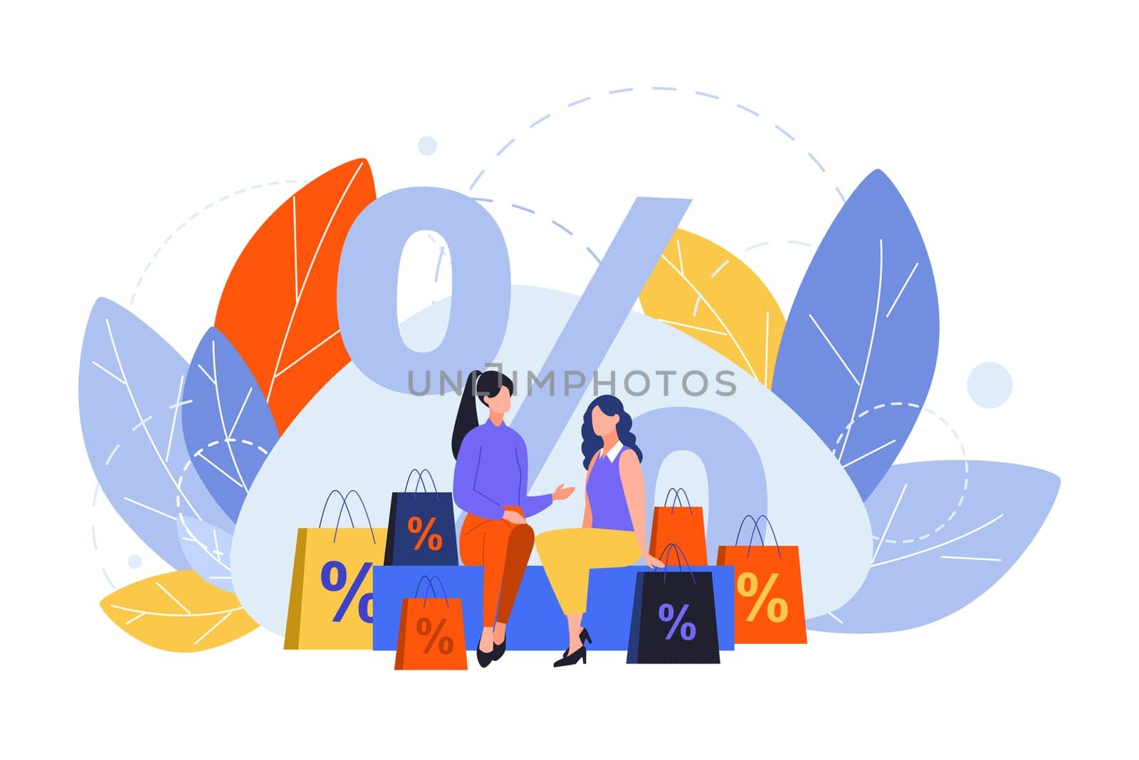 Shopping, purchasing, customer, buy, sale or discount concept. Purchasing. Women customers do shopping. Commercial sales, big procent discount for goods, order. Black friday. Profitable buy. Flat vector