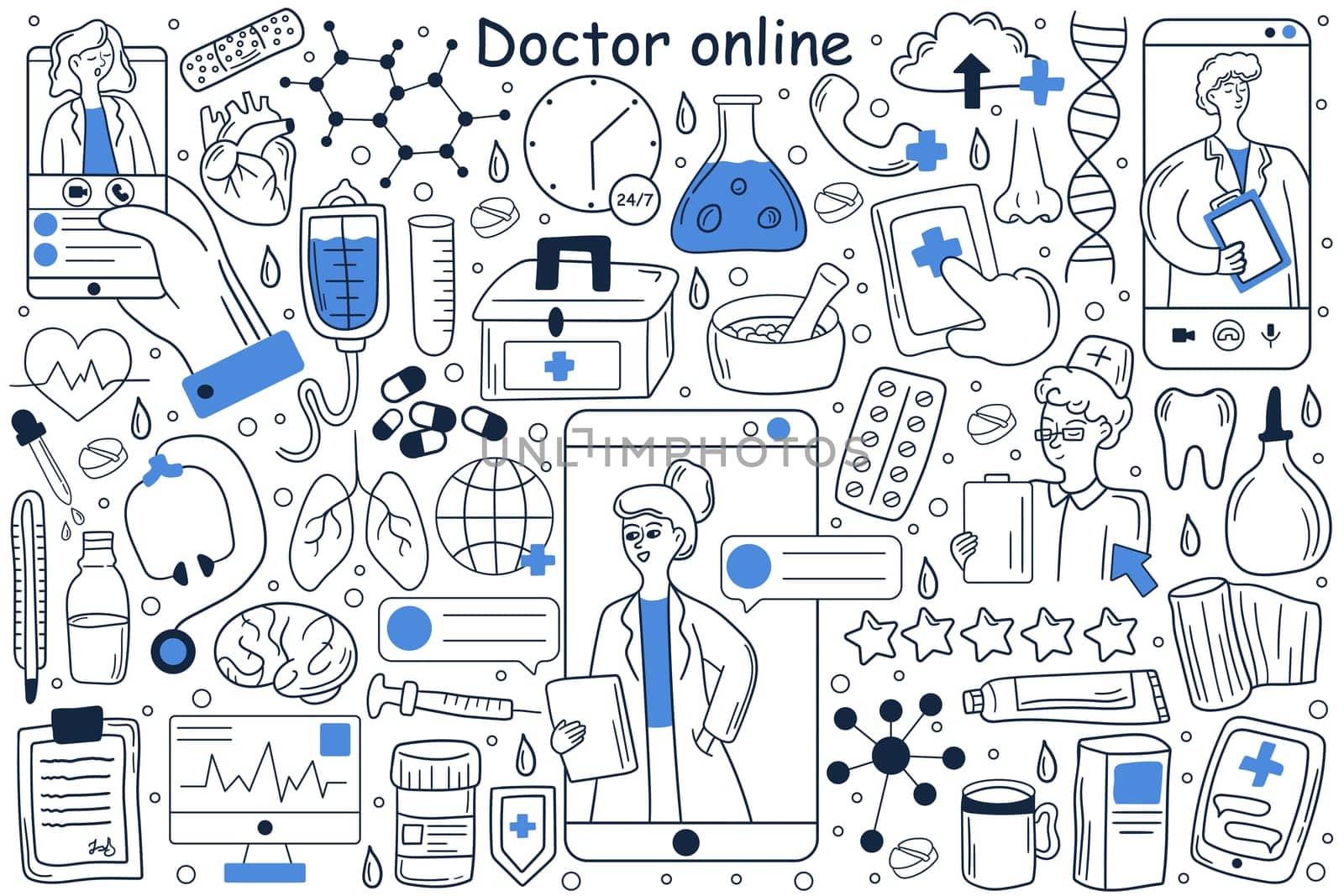 Doctor online doodle set. Collection of hand drawn templates patterns of man patient using mobile phone for chatting witch doctor on social media or network. Digital medical consultation illustration.