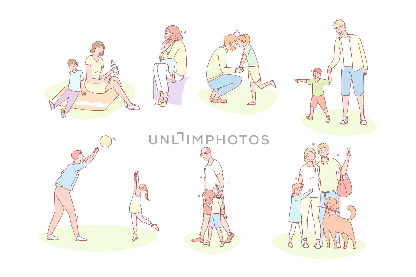 Family, childhood, motherhood, fatherhood set concept. Young parents with happy children spend time together on holiday. Collection of loving families, fathers, mothers, kids. Fathersday mothers day