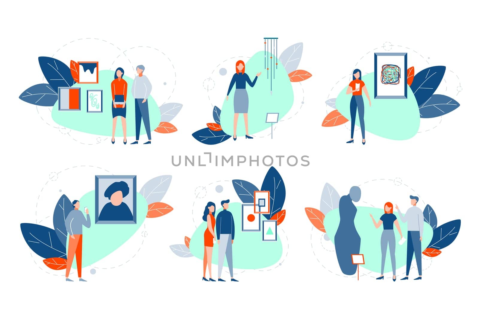 Modern art exhibition set concept. Collection people men and women standing near showpieces, paintings, scultures, installations of modern art exhibition in museum or art gallery. Flat vector