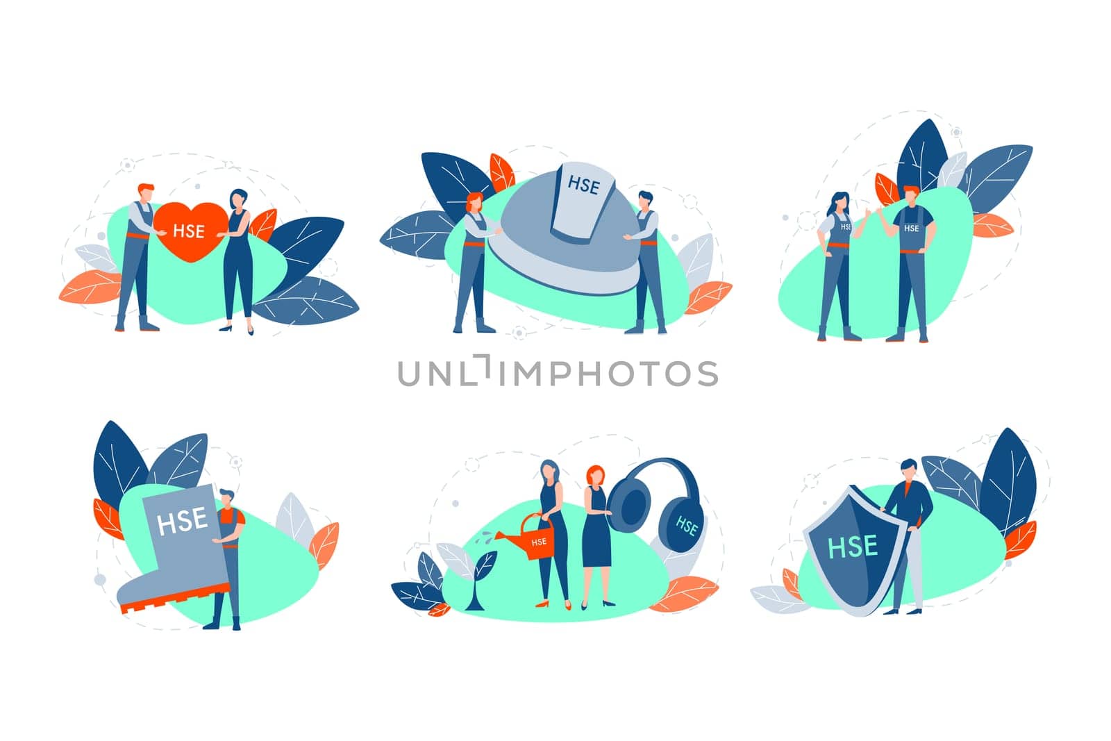 Health, safety, environment set concept. Young men women demonstrate helmet, shield, boot and heart with HSE abbreviation. Symbols of modern problem of healthcare and safe enviroment. Flat vector