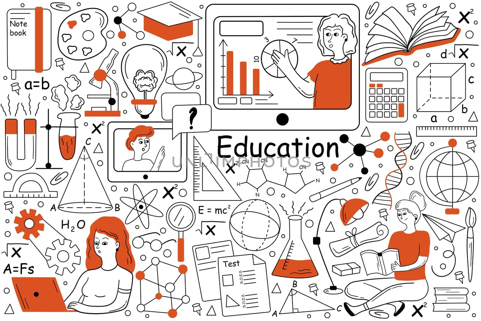 Education doodle set. Collection of hand drawn templates patterns of pupils students learning school university subjects studying at online training courses. Improval of skills expansion of knowledge.