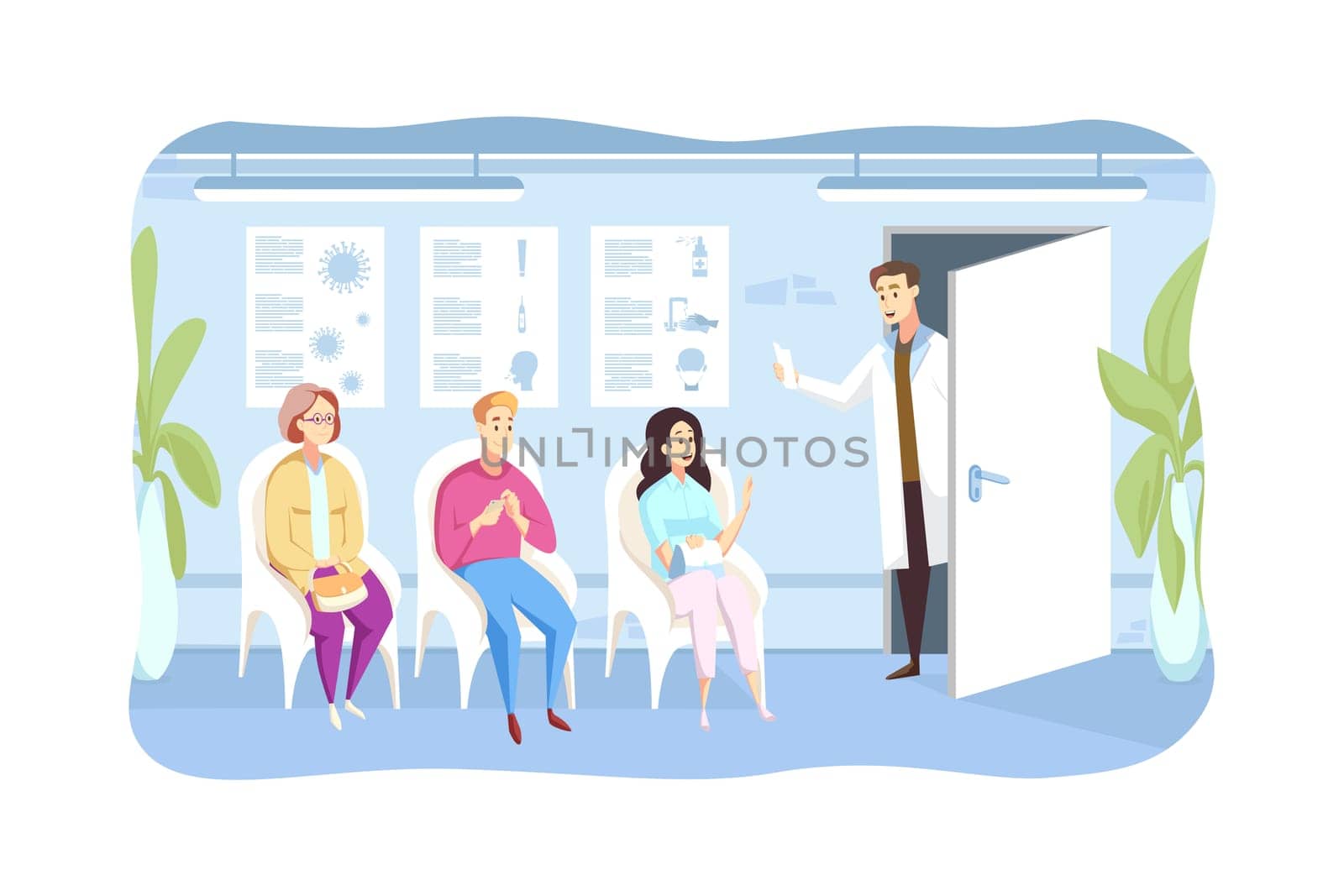 Patient, examination, queque, medicine concept. Doctor calls waiting people man and women cartoon characters sitting in line in hospital hall to cabinet. Healthcare and medical reception illustration.