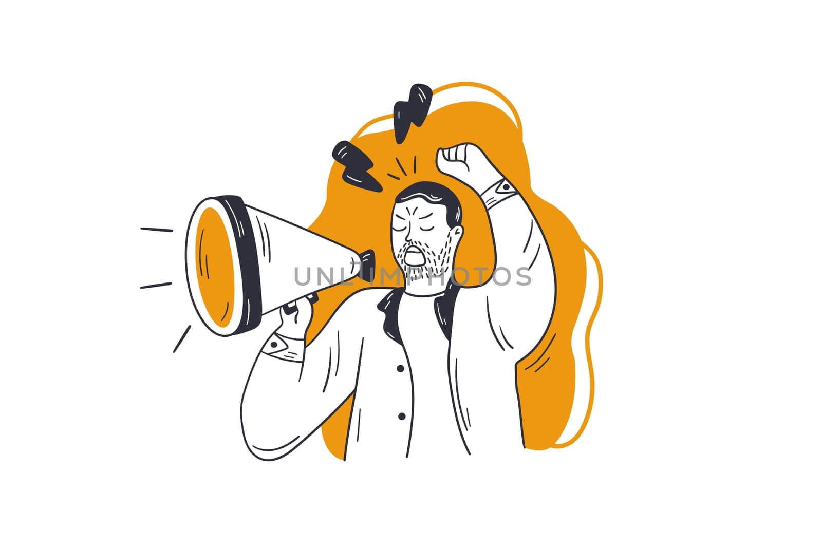 Protest, promotion, manifestation concept. Young angry man guy activist man speaker screaming in megaphone loudspeaker protesting for human rights. Strike against violence social riot illustration.