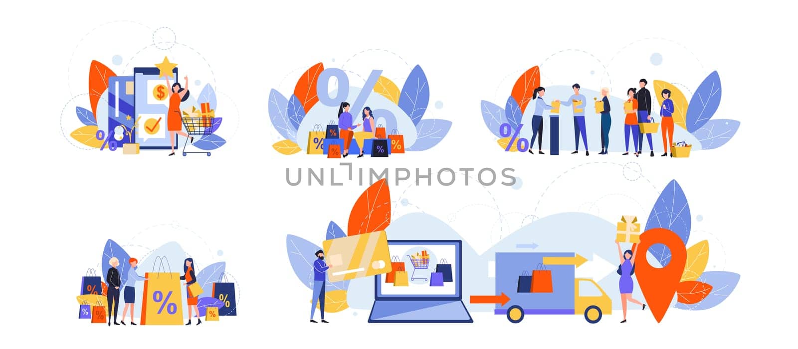 Online, shopping, ecommerce, black friday, sale set concept. Collection of people men women boys and girls, doing online shopping. Ecommerce, retail, sale, delivery, discount and online payment.