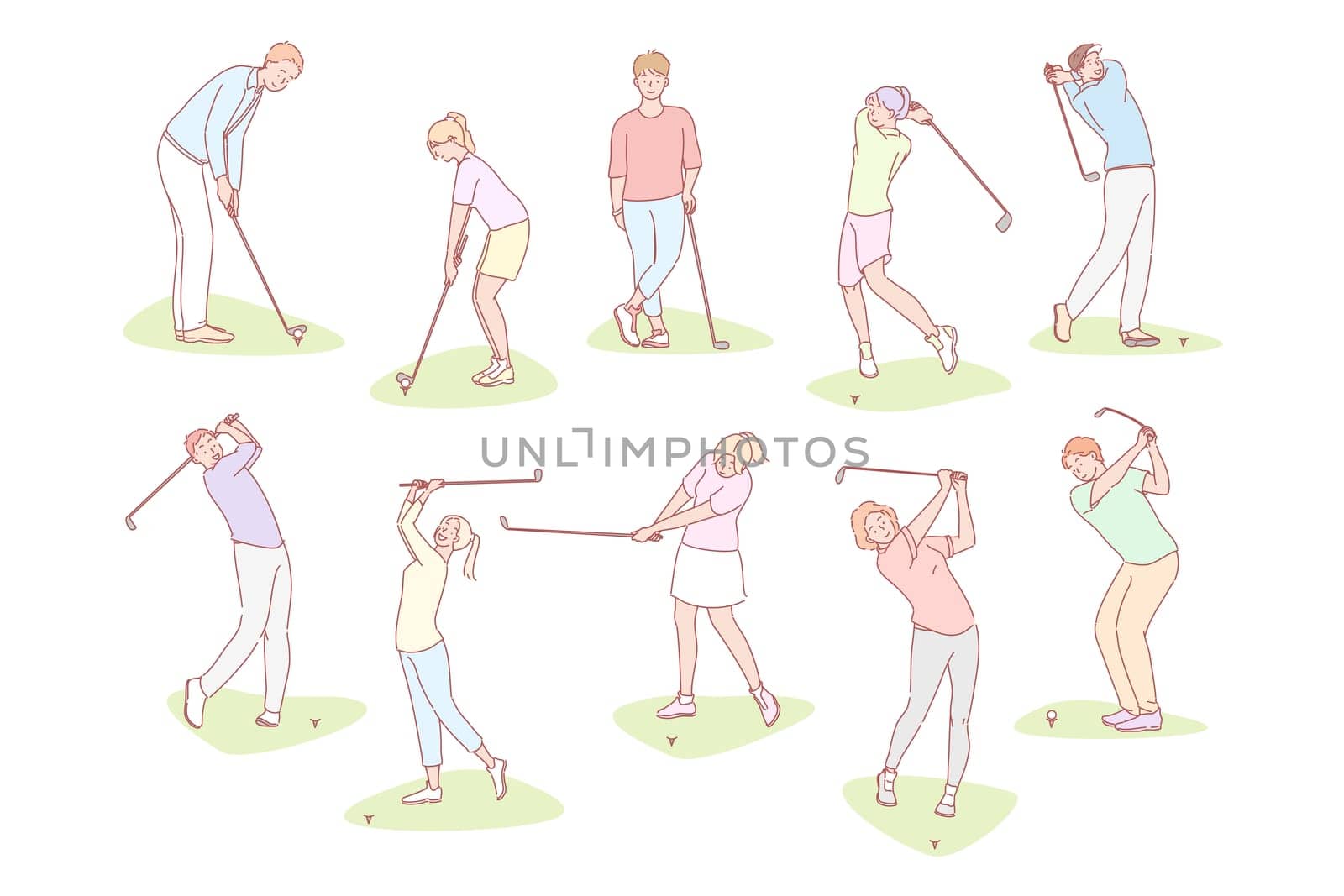 People playing golf set concept. Different men and women are doing sport activity playing golf on grass. Collection of boys and girls athletes taking participation in golf competition. Simple vector