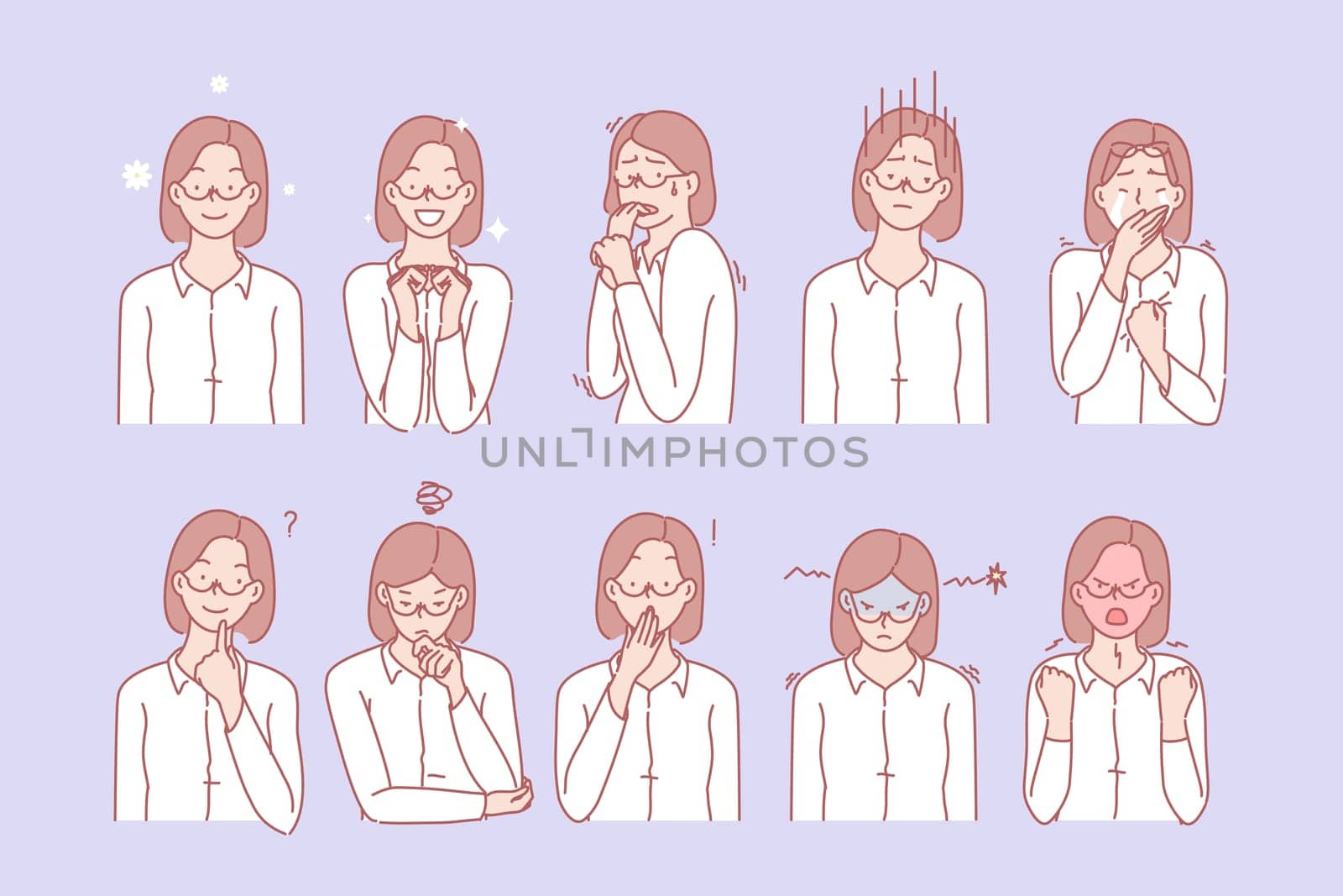 Womans emotions and facial expressions. Woman or girl shows anger, fear, grief, happiness, thinking, fury, admiration, sadness, disatisfaction emotion or facial expression. Simple flat vector.