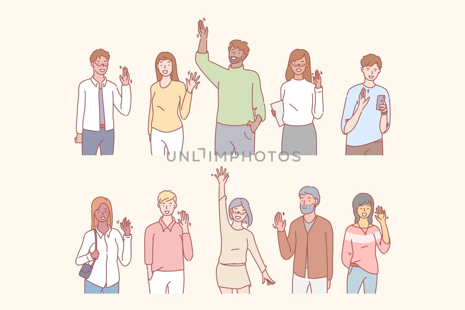 People greet or say hello with hand. Group of multicultural students is saying hello. Young men and women are greeting with joy. Multiethnic boys and girls raised hands in greeting. Simple flat vector