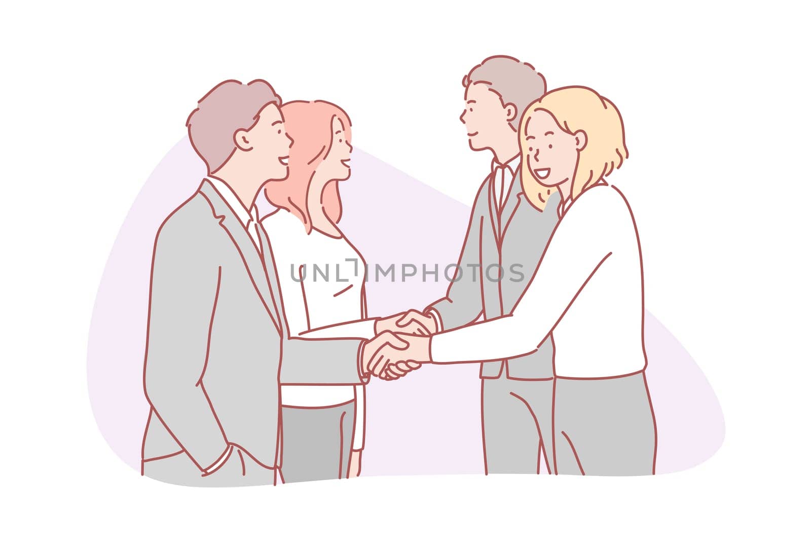 Business, partnership, collaboration, team, agreement concept. Businessmen and women partners collaborate with each other. Two business teams came to agreement at negotiations shake each others hands.