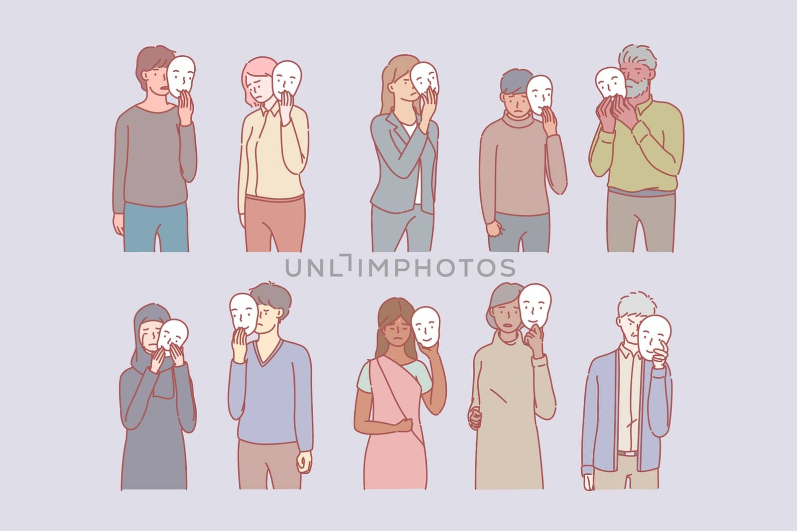 Depressed people covering emotions behind mask. Group of young multiethnic men and women hide their feelings out of masks. Boys and girls mask real feeling and disguise real face expressions.