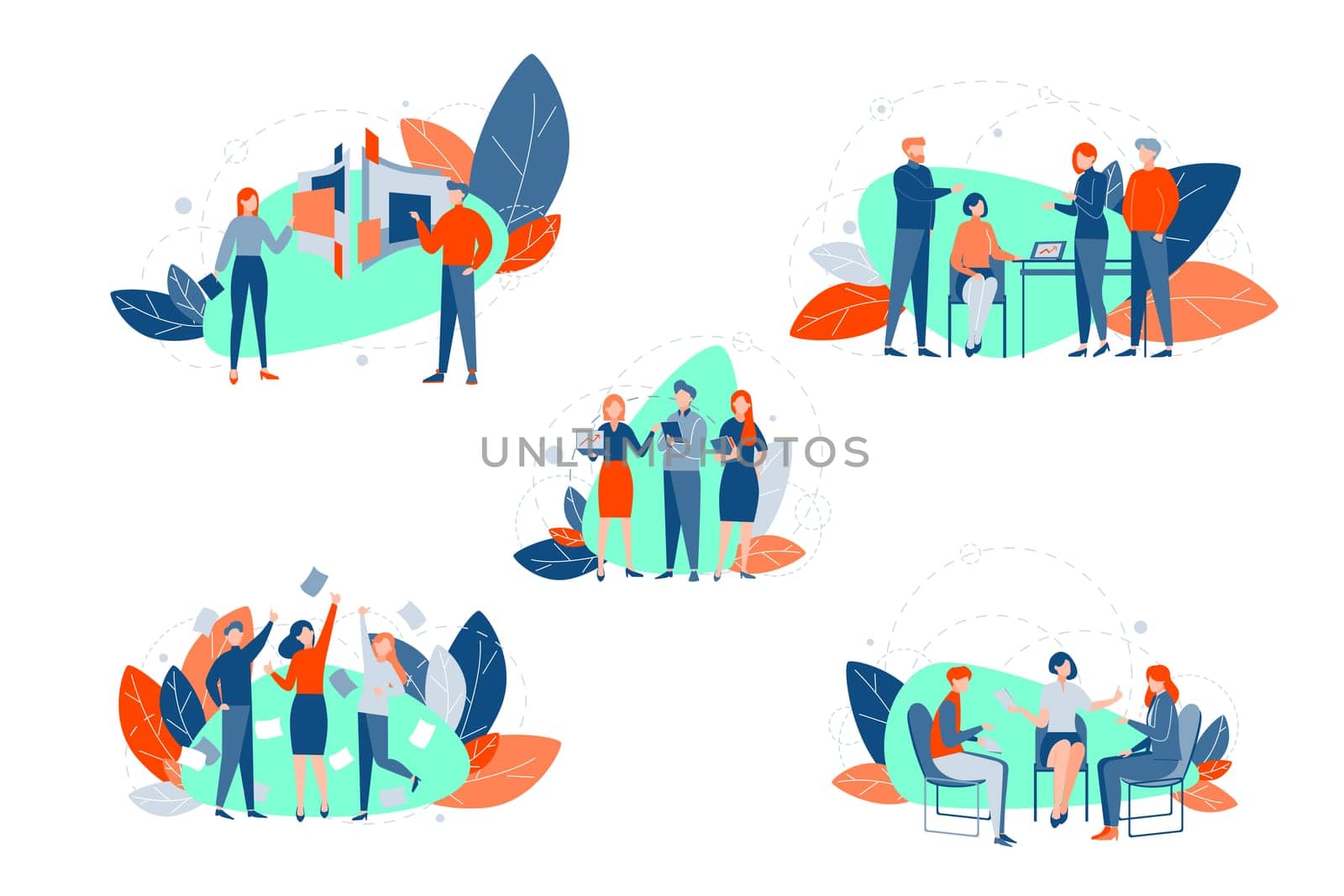 Teamwork, coworking, brainstorming set concept. Successful teams collection. Group of business people clerks managers participate in meeting, negotiation, brainstorming, coworking. Business teamwork.
