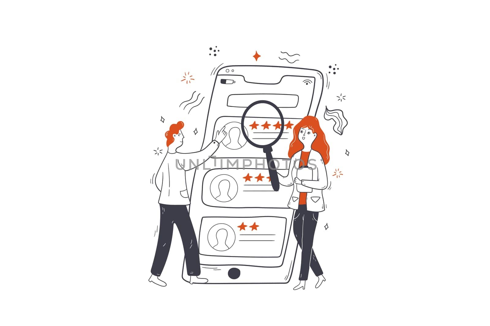 Business, recruitment, employment concept. Businesspeople man woman cartoon characters managers choosing candidate searching new employee for job. Human resource management and hiring illustration.