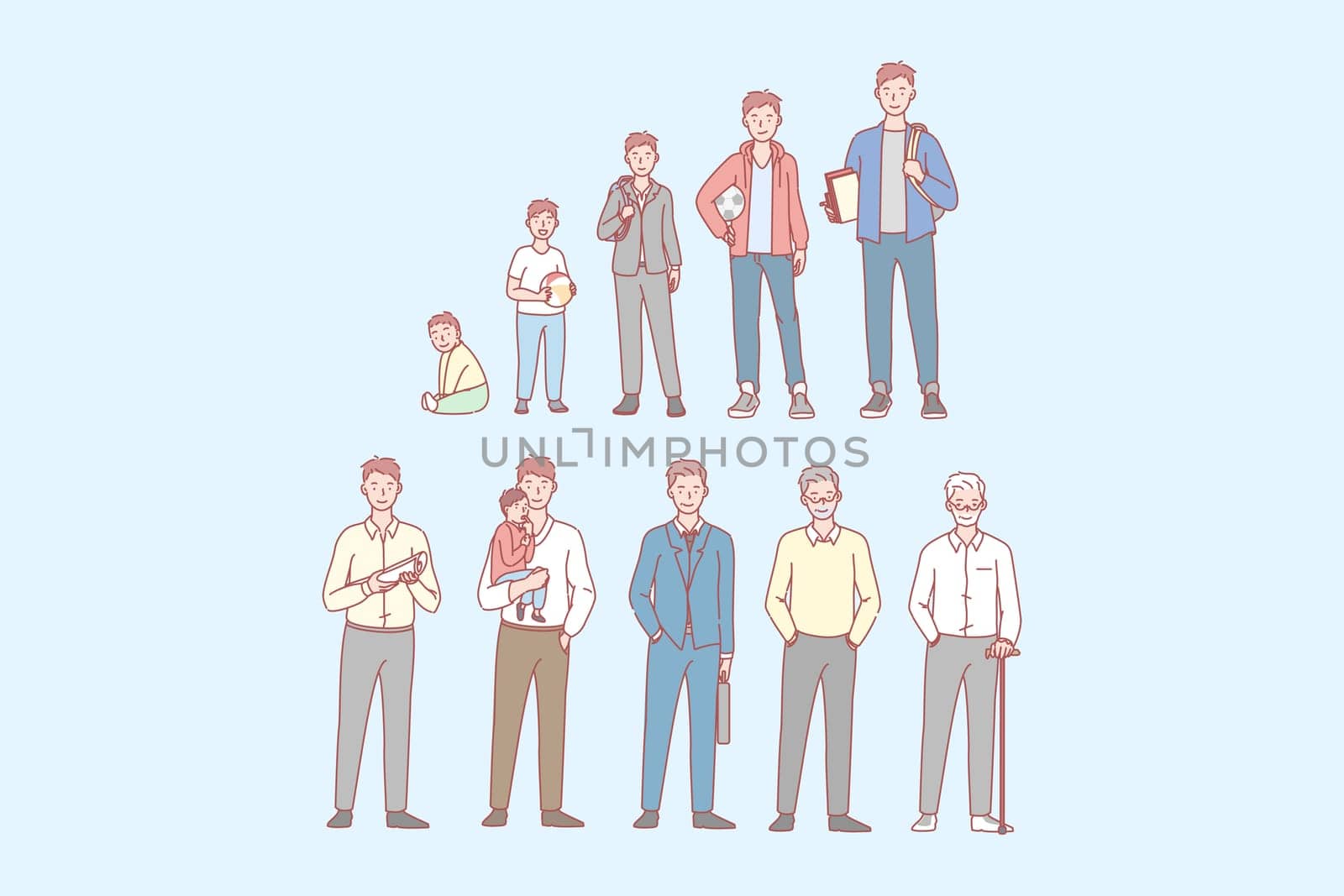 Stage of mans life. From newborn to oldman. Man in different age. Process of growing up. Childhood and adulthood generation. Youth, adult and old age in cartoon style. Simple flat vector.
