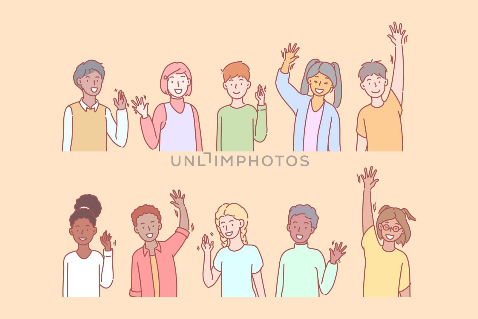 Children greet or say hello with hand. Group of multicultural preschoolers is saying hello. Young multiethnic boys and girls raised hands in greeting. Kids say hi to childhood. Simple flat vector