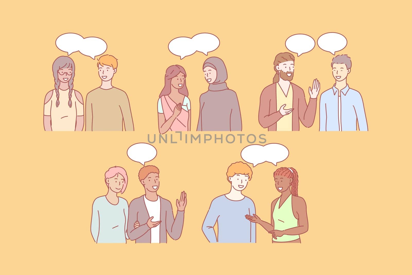 Multicultural people communicate together. Young students communicate in multiethic society. Girls and boys or men and women exchange multinational information. Simple flat vector