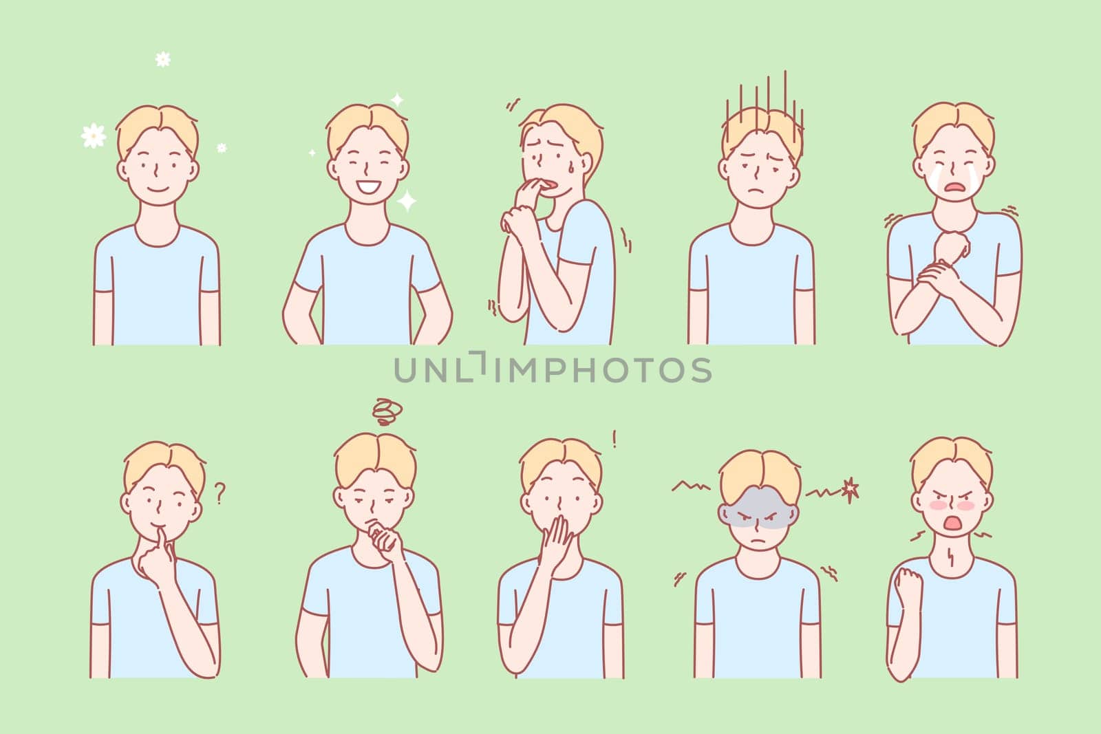 Kids emotions and facial expressions set concept. Illustration or collection showing different emotions of kid. Boy demonstrates of positive and negative facial expressions. Simple flat vector