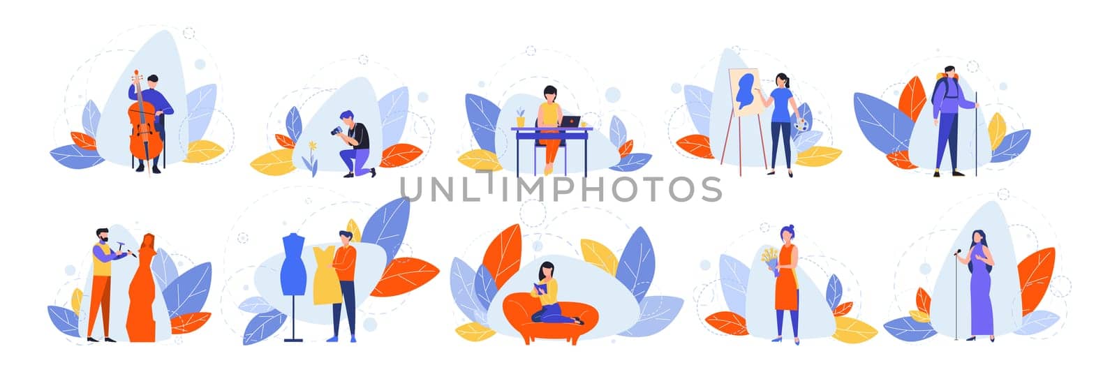 Set of creative occupations, hobby concept. Collection of various peoples hobbies and proffessions. Occupation, musician, artist, singer, photographer, florist, couturier, freelancer and sculptor.