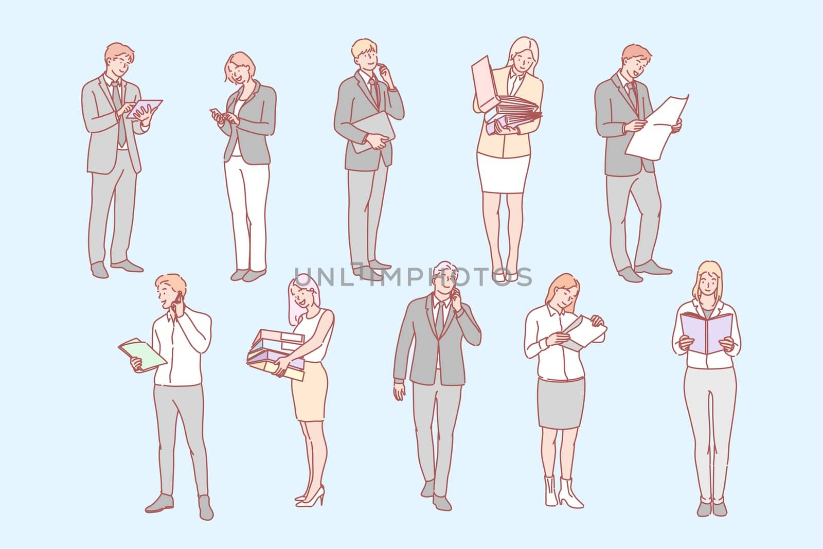 Business people set concept. Collection of business people, company managers and clerks, communicating on mobile phone. Illustration of business men and women in office. Simple flat vector