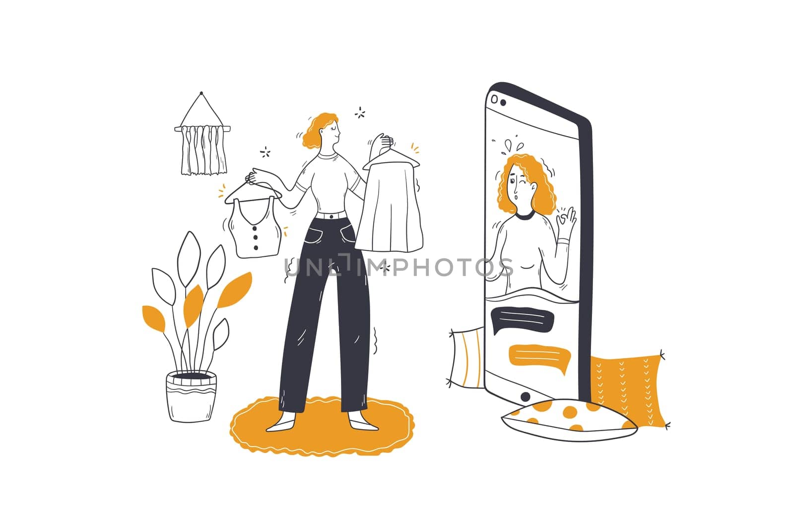 Beauty, fashion, shopping consultation concept. Woman personal stylist cartoon character consulting customer client online. Wardrobe parsing choice of clothes outfit and sorting apparel illustration.