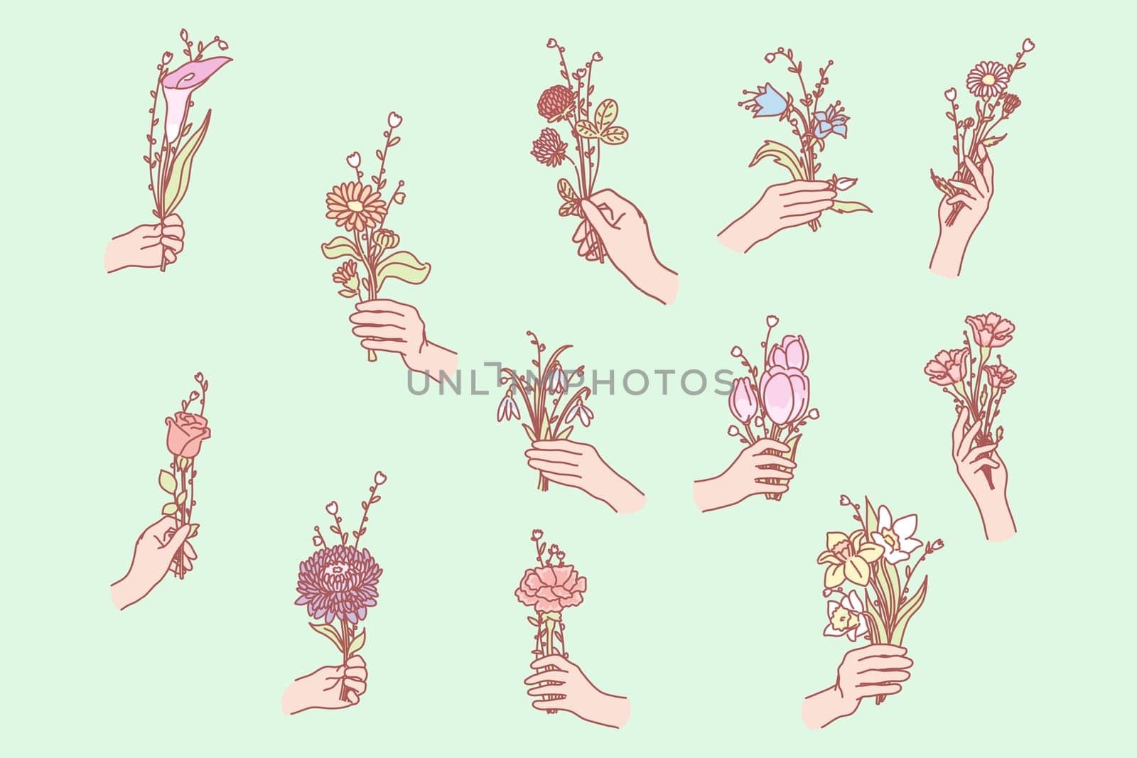 Bunch of flowers in hand. Hand holds flower. Womans hands hold flower. Collection of hands holding bouquets. Bundles of flower are taken. Bundle of floral elements are given away. Simple flat vector.