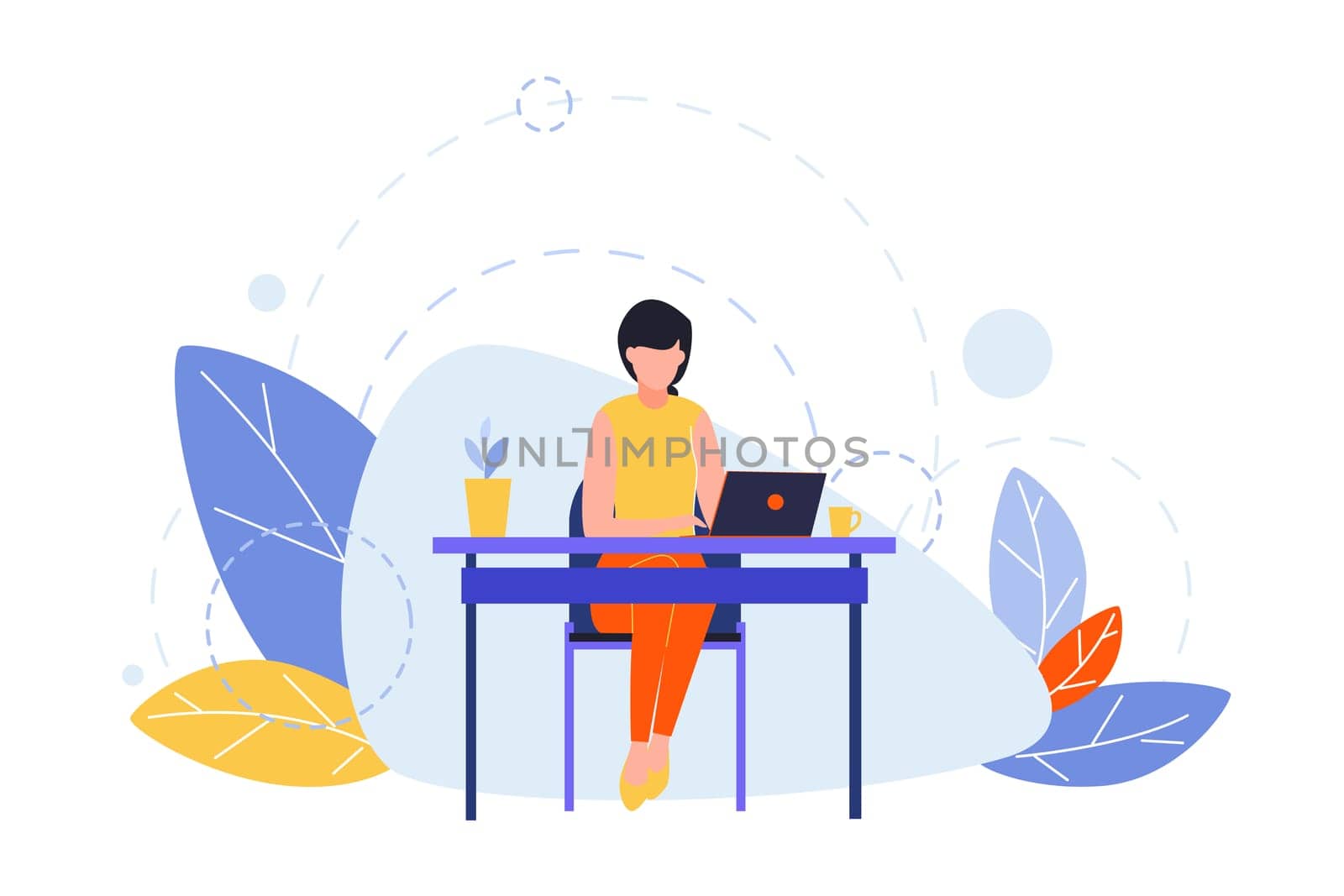 Hobby, creative profession, writing, freelance concept. Illustration of businesswoman, girl writer or freelancer at table with laptop. Art image of different people creative occupation. Flat vector
