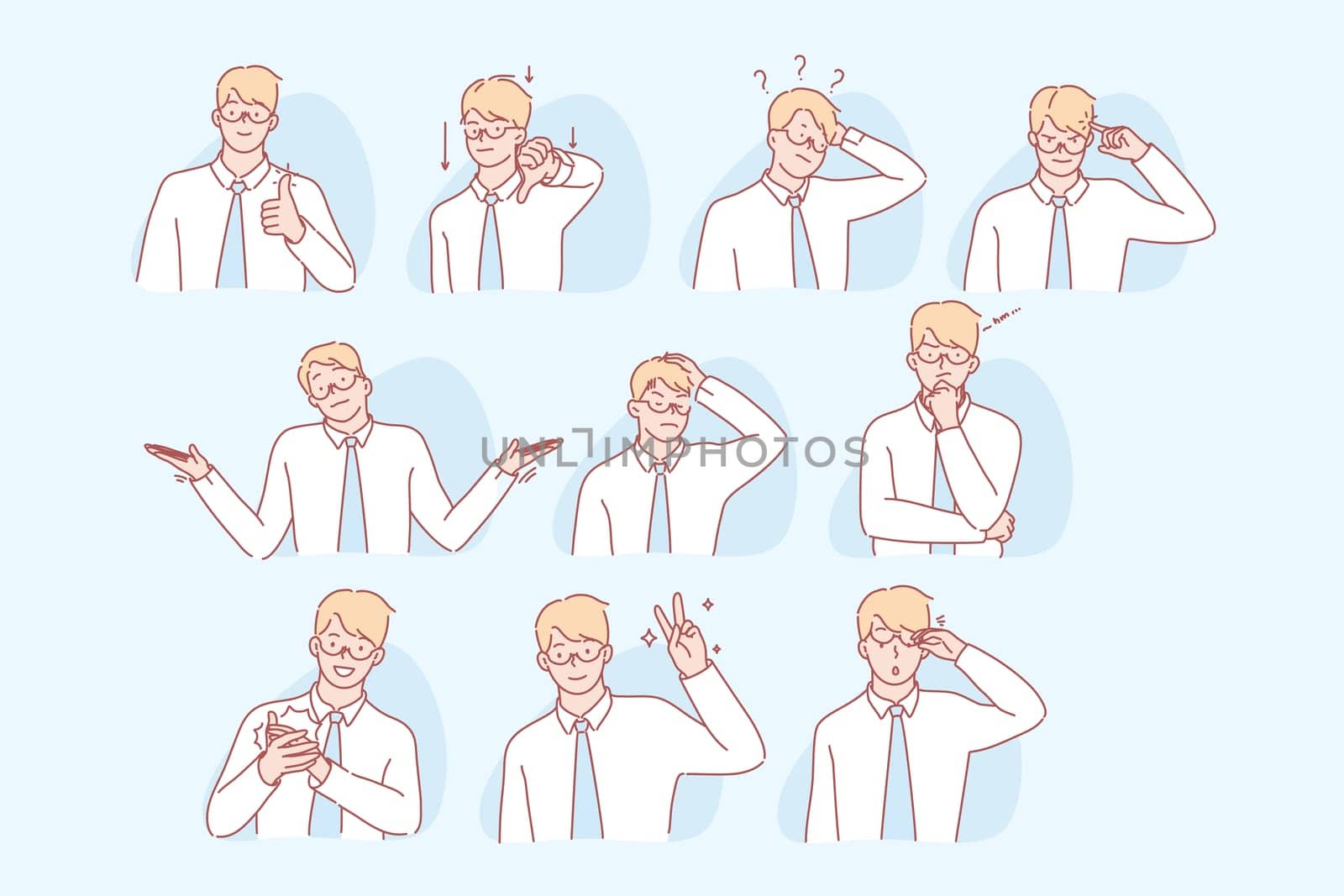 Business mans gestures and facial expressions set concept. Illustrations of young man showing different gestures or signs. Businessman demonstrates of positive and negative facial expressions.