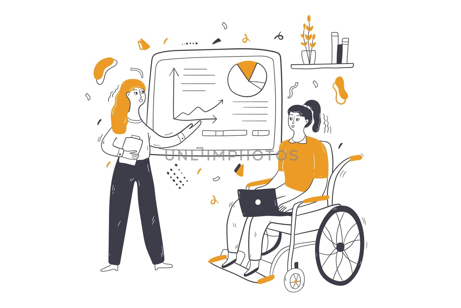 Business, corporate meeting, presentation concept. Businesswoman clerk manager presenting analysis data report to disabled handicapped female colleague at office. Teamwork at project and management.