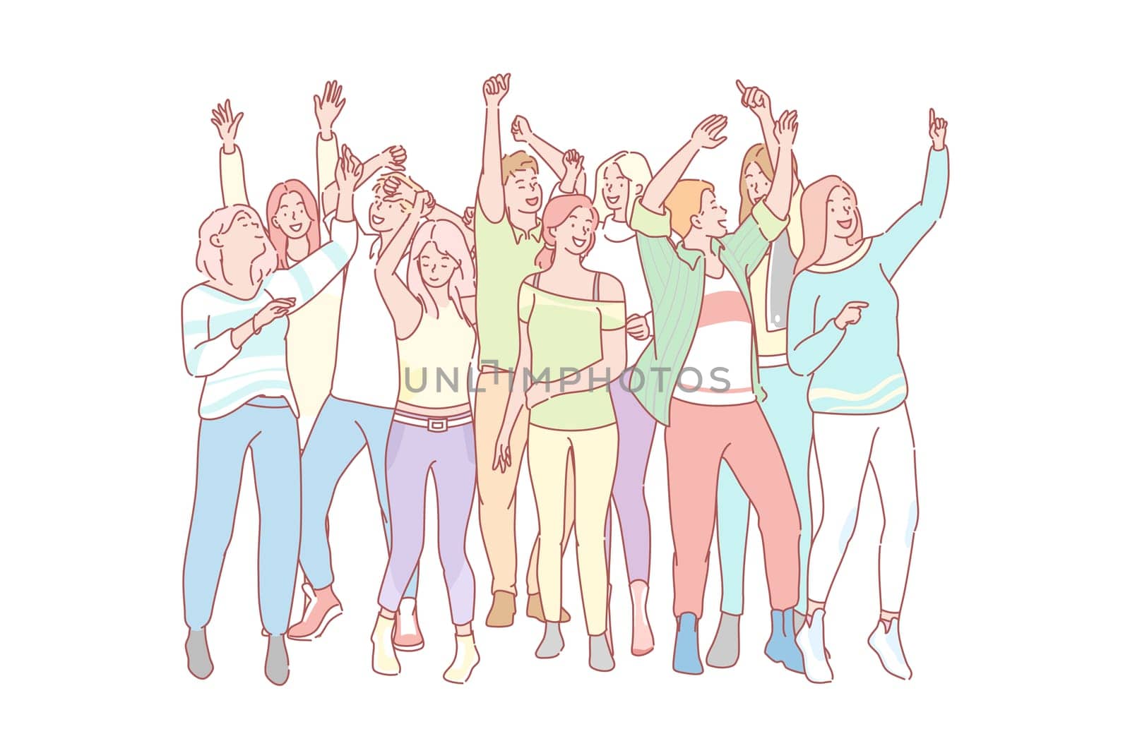 Set of dancing people concept. Group of young people men and women dance at party isolated on white background. Boys and girls, teenagers or students are dancing on dance floor. Simple flat vector
