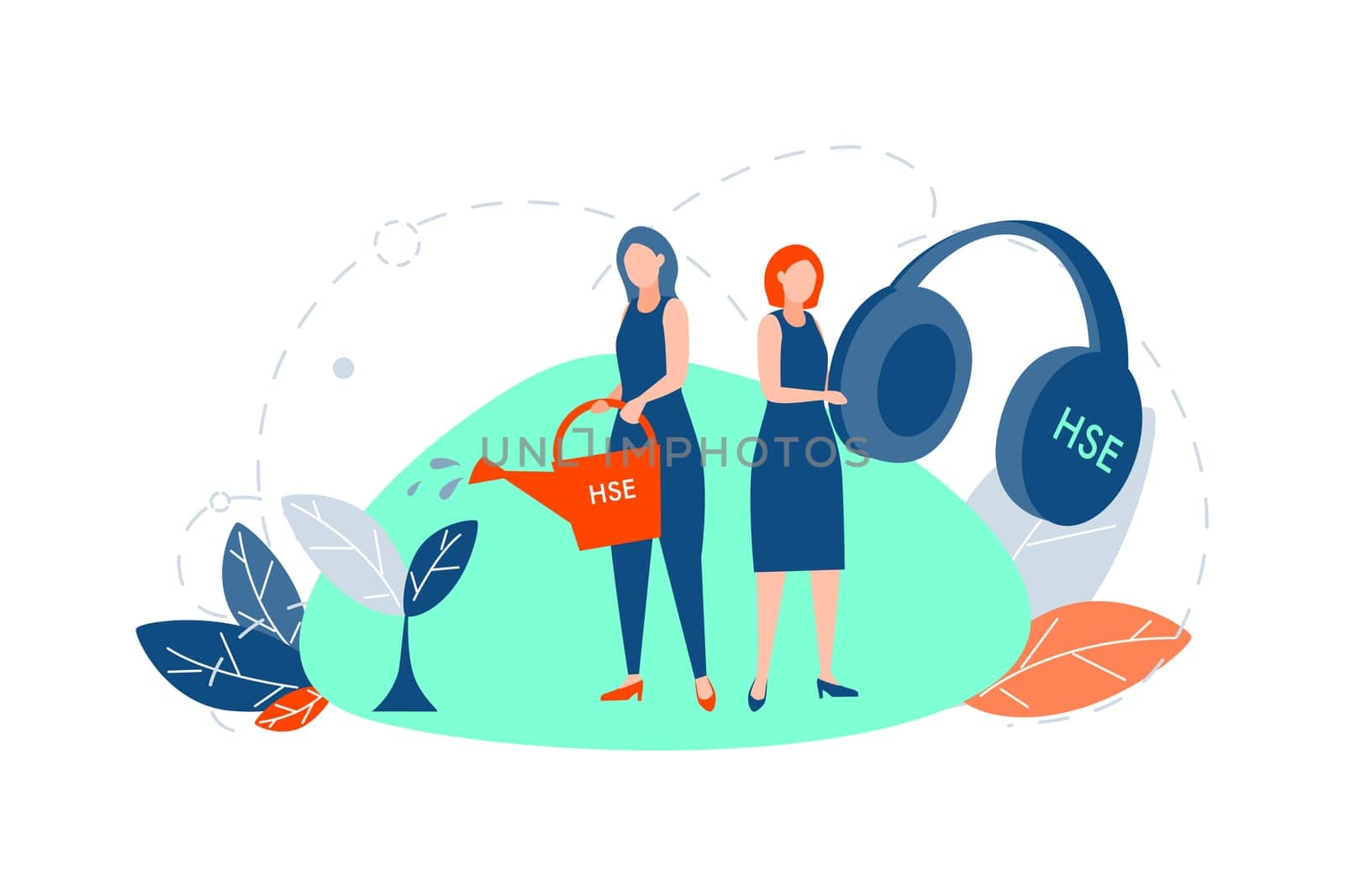 HSE, care concept. Young women or girls are standing and holding big headphones and watering can with hse acronym or abbreviation. Environmental care, ecology, health safety illustration. Flat vector