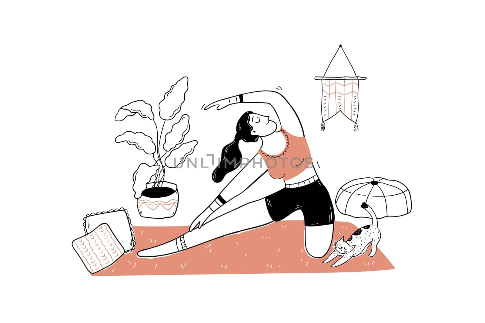 Sport, yoga, relax meditation concept. Active sportive young woman athlete cartoon character meditating training doing stretch exercise at home. Practicing workout and healthy lifestyle illustration.