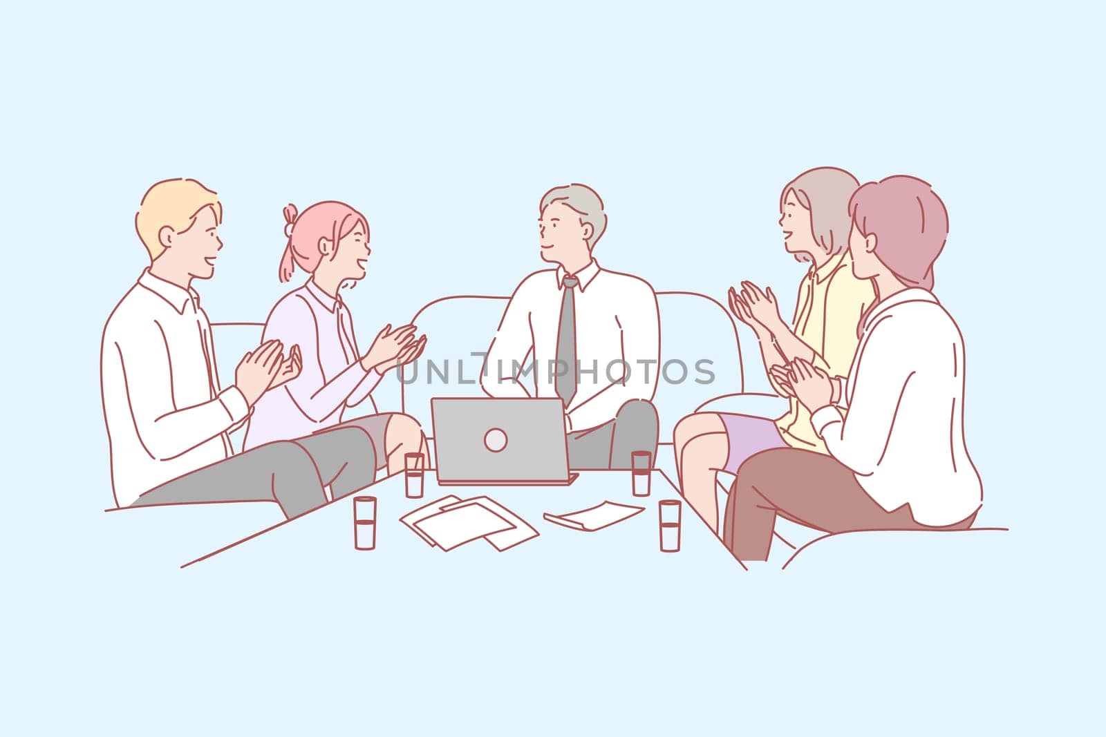 Business, team, success, congratulation, applause concept. Group of business people applause in honor of career growth. Colleagues men and women cogratulate their leader with successful achievement