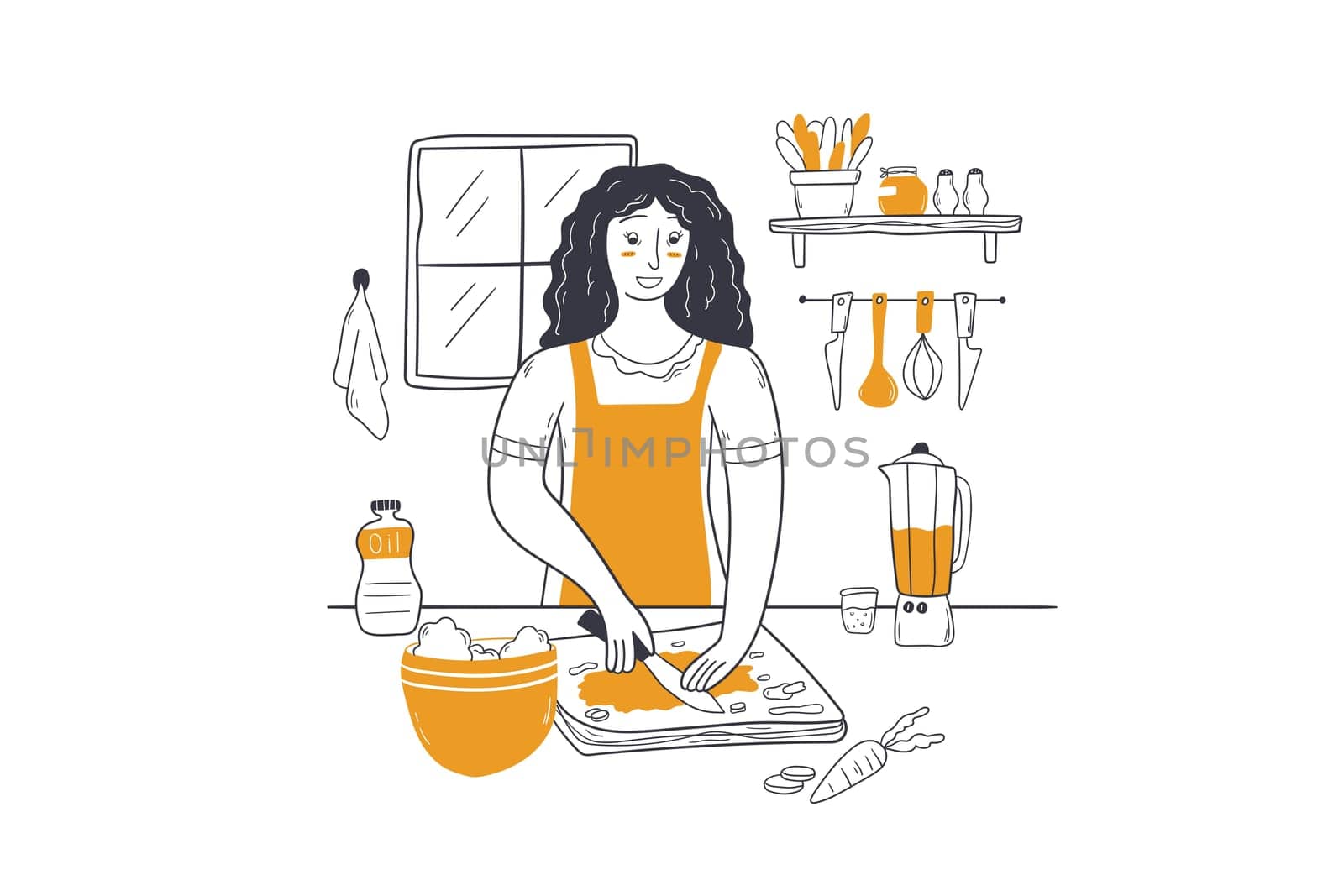Cooking, housekeeping, food baking concept. Happy woman cooker character in apron mixing ingredients preparing dough in bowl. Preparation homemade pastry or dish dessert at kitchen table illustration.