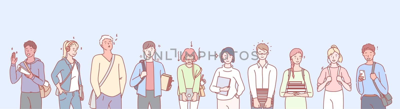 College or university leisure set concept. Ilustration of students boys and girls studying in college. Collection of students, young men and women spending their leisure time in school.