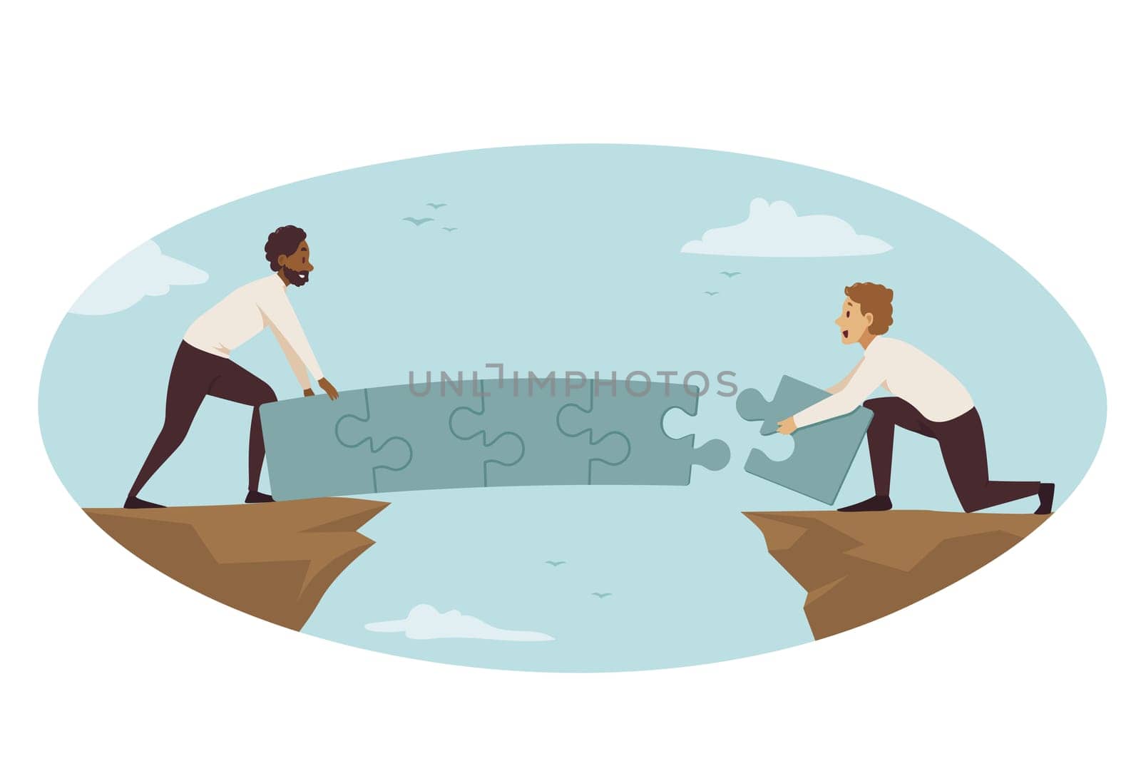 Partnership, connection, business concept. Team of african american businessmen managers partners assembling jugsaw puzzles building bridge together. Teamwork cooperation and coworking collaboration.