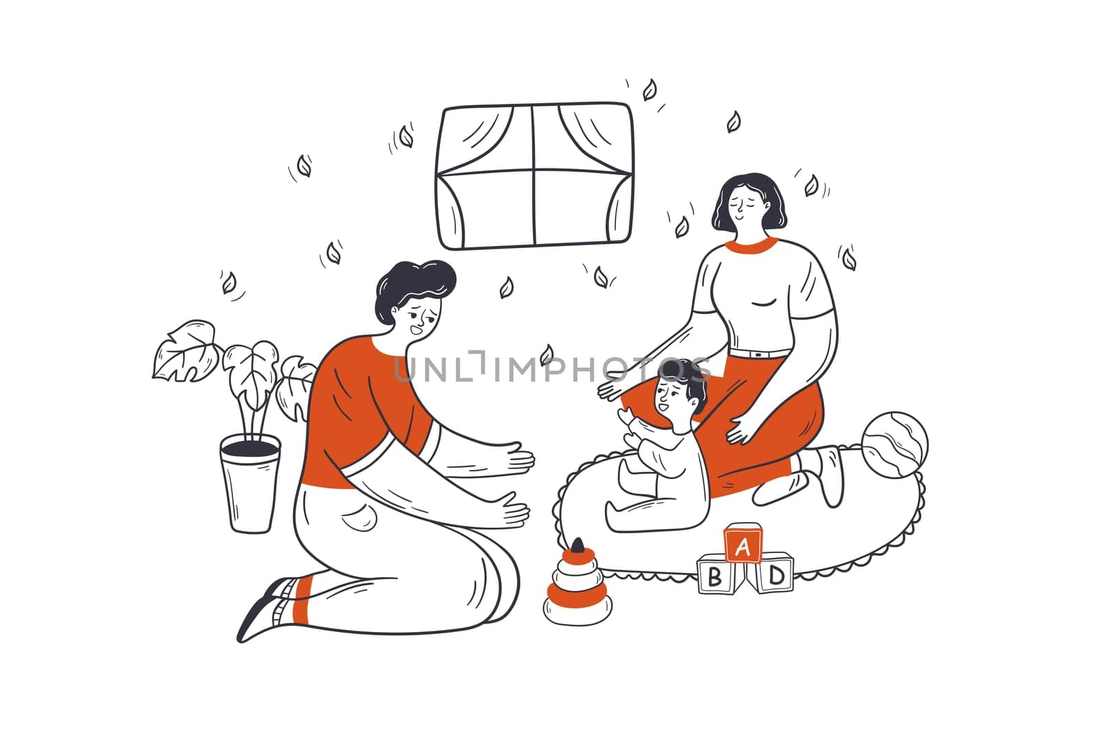 Family, fatherhood, motherhood concept. Happy fathers mothers day and childhood illustartion. Cheerful couple parents characters man woman playing with son kid boy child baby newborn on floor at home.