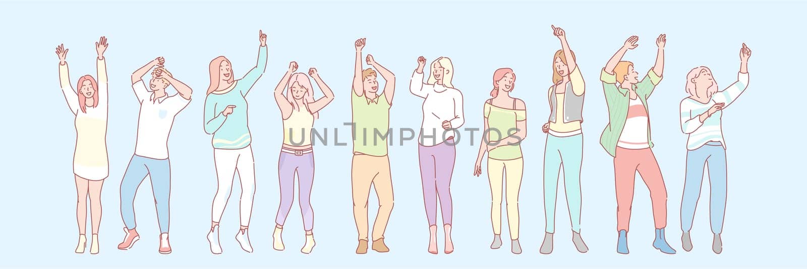 Party animals set concept. Group of men and women dancers on dance floor. Illustration of students dancers. Collection of young boys and girls teenagers dancing at disco party. Simple flat vector