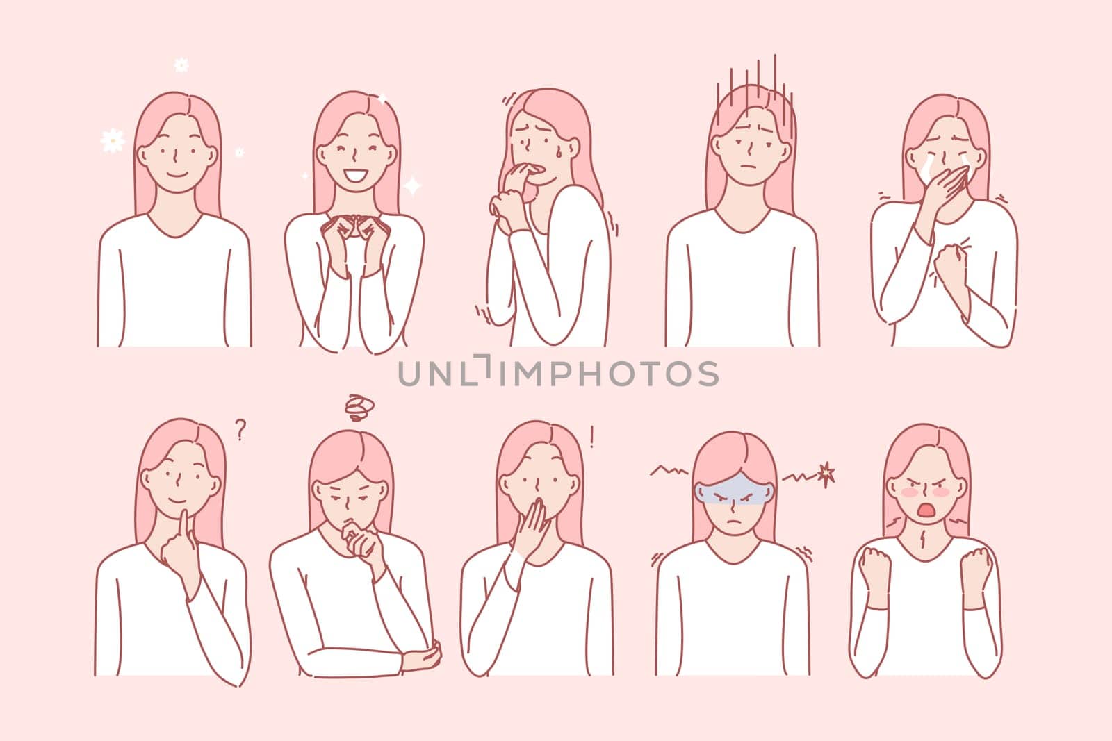 Girls emotions and facial expressions set concept. Illustration or collection showing different emotions of woman. Girl demonstrates of positive and negative facial expressions. Simple flat vector