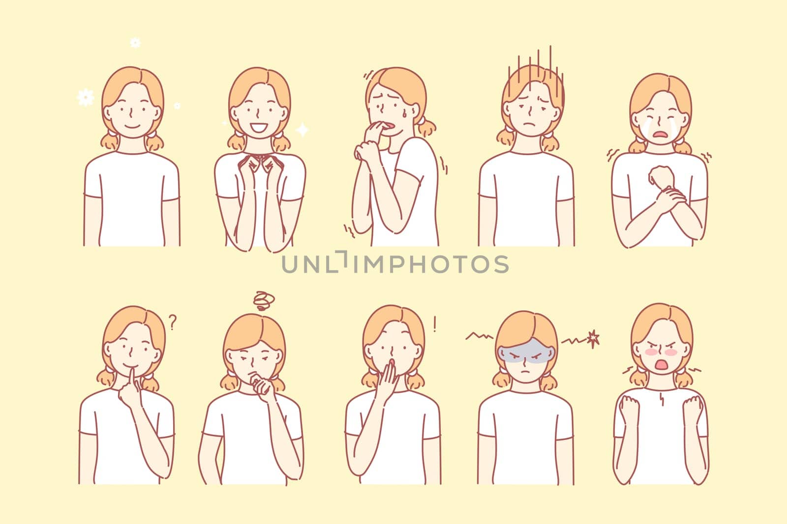 Childs emotions and facial expressions set concept. Illustration or collection showing different emotions of girl. Girl demonstrates of positive and negative facial expressions. Simple flat vector
