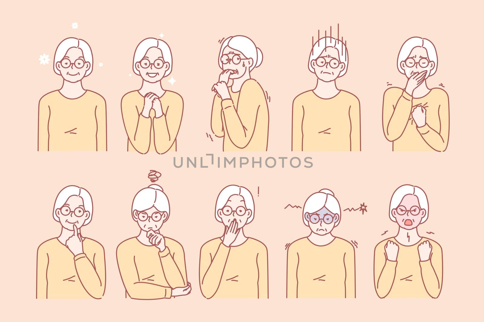 Old age womans emotions and facial expressions set concept. Illustration or collection showing different emotions of grandmother. Crone demonstrates of positive and negative facial expressions.