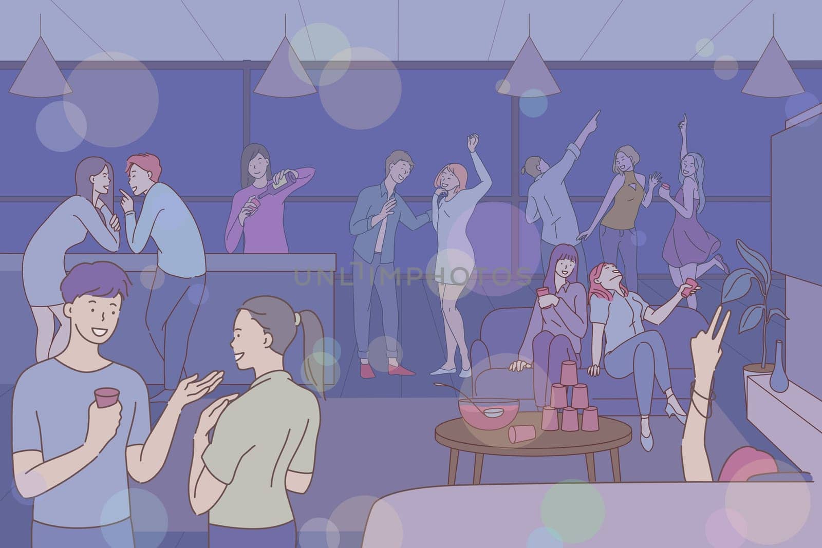 People listen music at holiday party. Young men and women dance, have great musical house evening. Boys and girls spend leisure time having fun at parties. Partying at holidays is part of student life