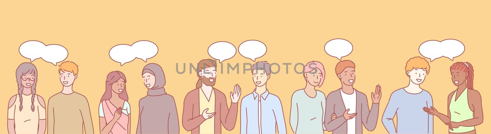 International communication set concept. Collection of multilingual and multiethnic people, girls and boys or men and women speaking with each other. Illustration of multicultural society. Flat vector