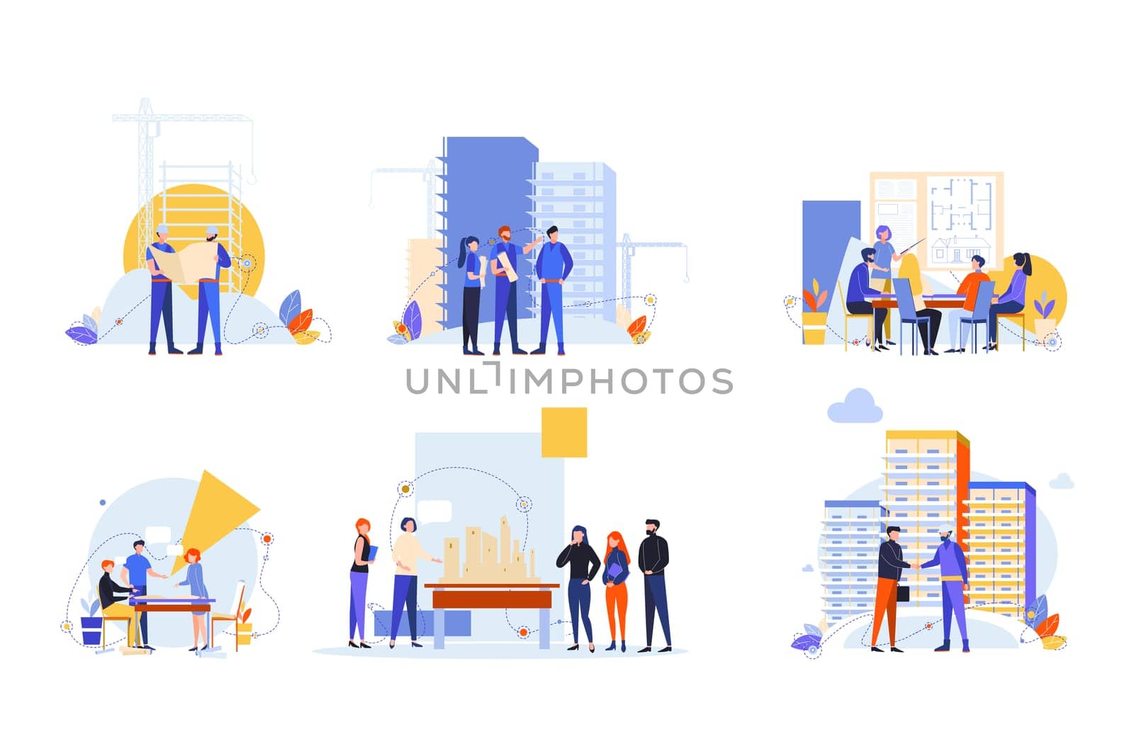 Builders and architects set concept. Collection men women builders, architects engineers working on architecture project. Profession, occupation, job. Planning, agreement. Building industry. Coworking