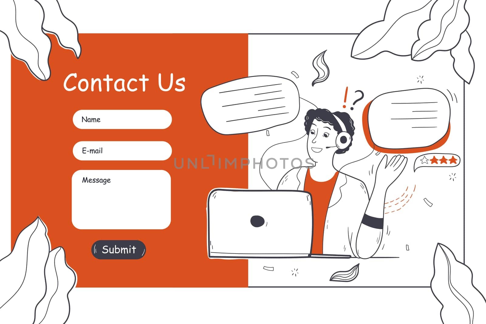 Customer service, online support, helpdesk concept. Contact us form website template or landing page illustration. Woman call center worker agent operator character with headsets talking with client.